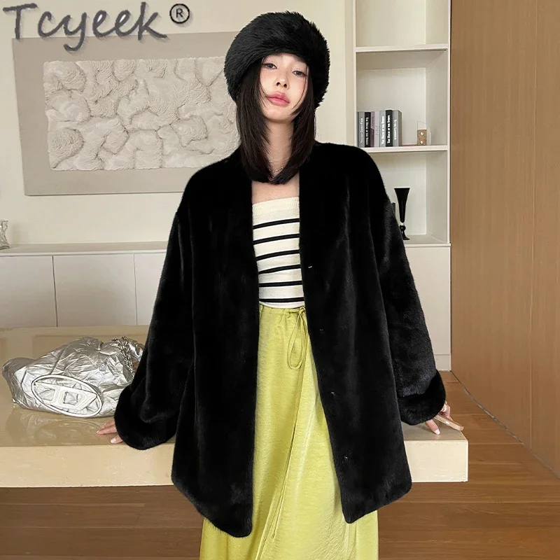 

High-end Tcyeek Natural Mink Fur Coat Women V-neck Real Jackets Woman Clothes Winter Jacket Whole Warm Mid-length Coats