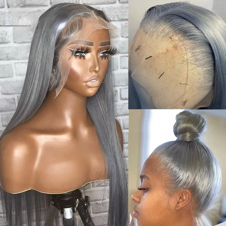 Perruques Lace Front Wig lisses de couleur gris argenté, sans colle, 13x4 HD, perruques Lace Frontal transparentes pour femmes, Cosplay pré-épilées