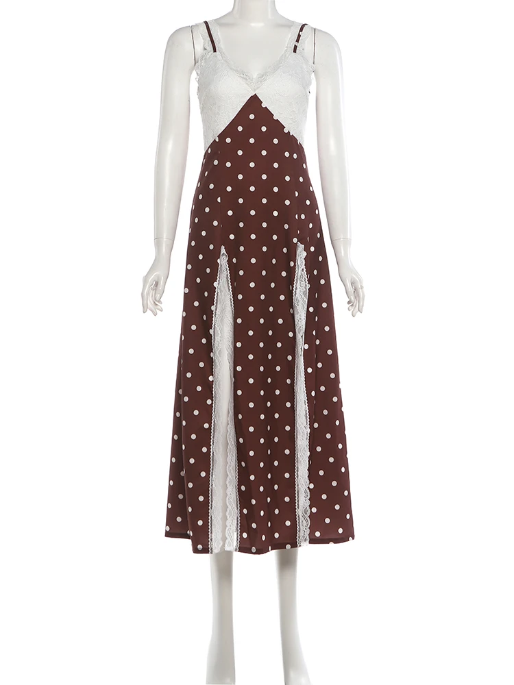 Weird Puss Maxikleid mit Polka-Dot-Print für Damen, Patchwork-Spitze, hoher Schlitz, V-Ausschnitt, ärmellos, Street-Fashion, Party, klassisches Vestido – Detail 3