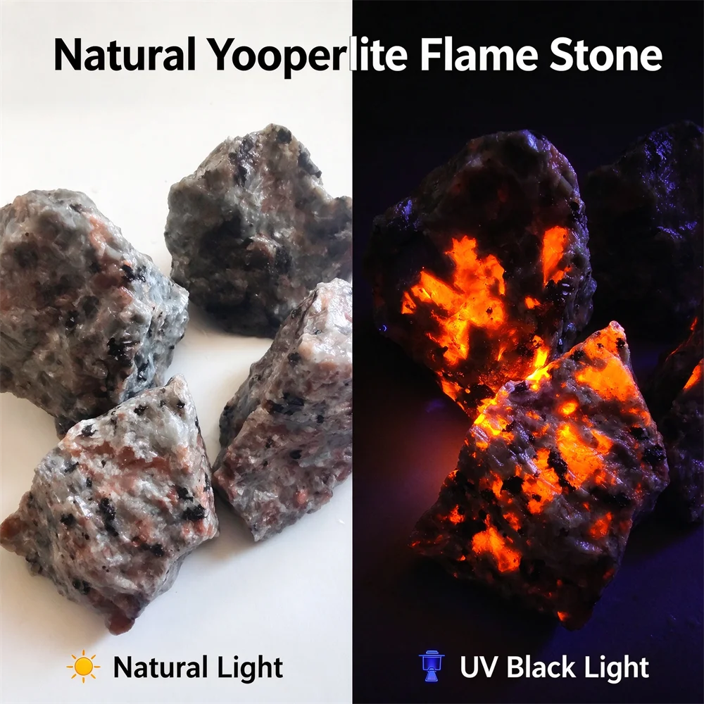Natural Yooperlite Flame Stone UV Reactive Fluorescent Rough Rock Glows Orange Under Black Light Mineral Specimen for Home Decor
