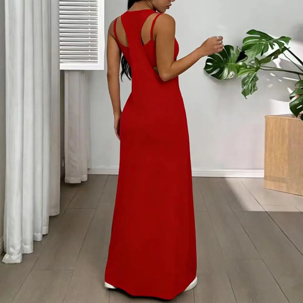 

Long Dress Women Dress Women’s Summer Two-piece Set Solid Color Cami Top Ankle-length Midi Dress Casual Wide Strap Outfit