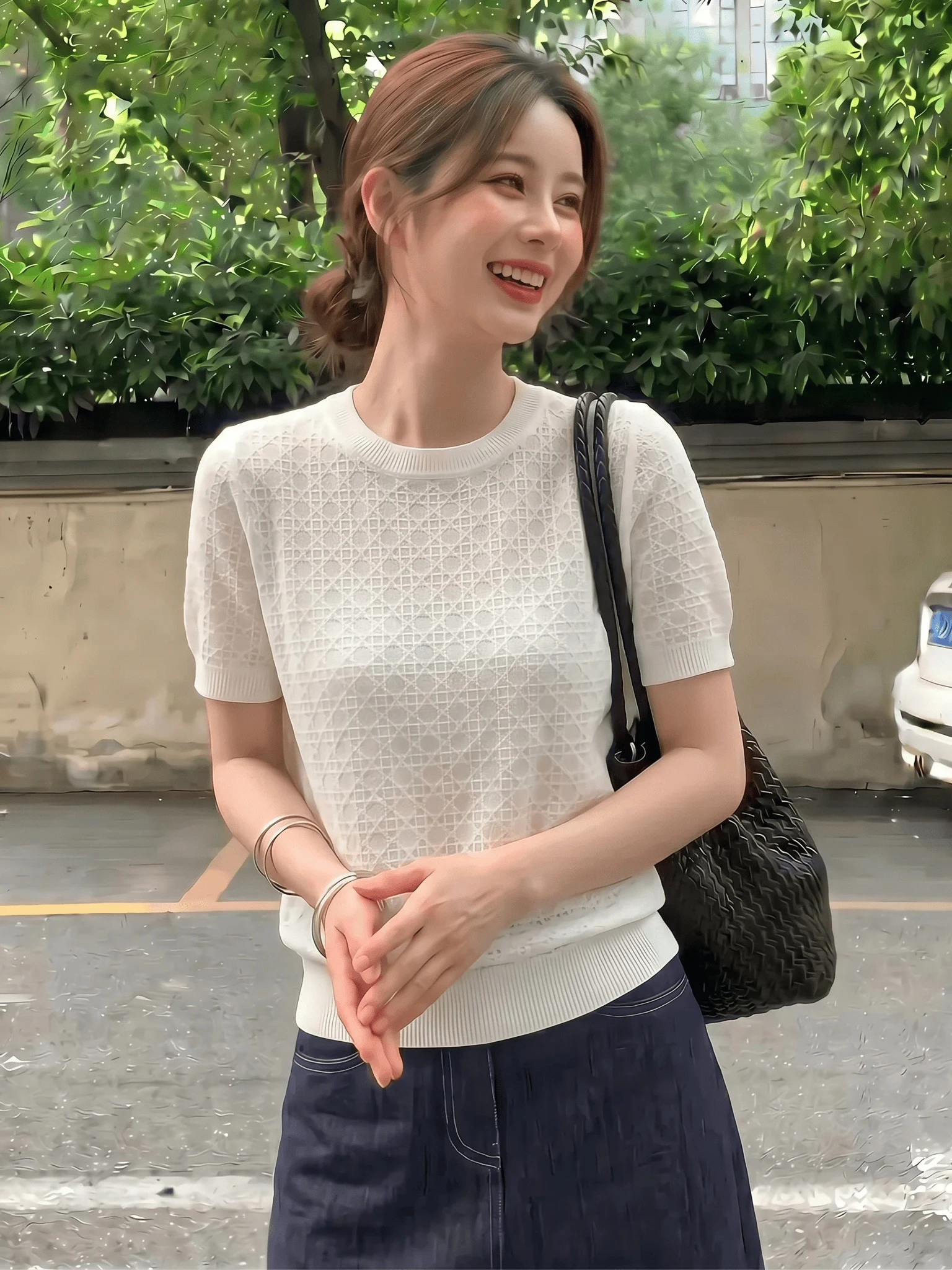 Slim Fit Knitted Short Sleeve T-Shirt Women's Summer New Style Korean Version Breathable Light Weight plus Size Office Wear