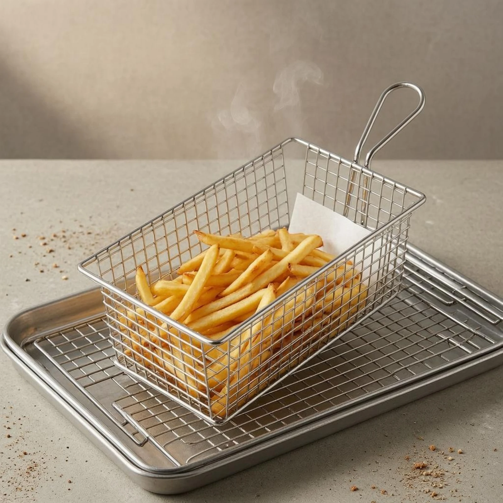Stainless Steel Frying Basket Rectangular Wire Mesh Frying Basket Kitchen Utensil Loop Handle Open-Top