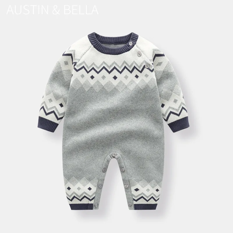 

0-2 Year Ins Baby Boy Knit Bodysuit Autumn Winter Striped Gradient Long Sleeve Horn Button Newborn Boy Romper Infant Boy Onesies