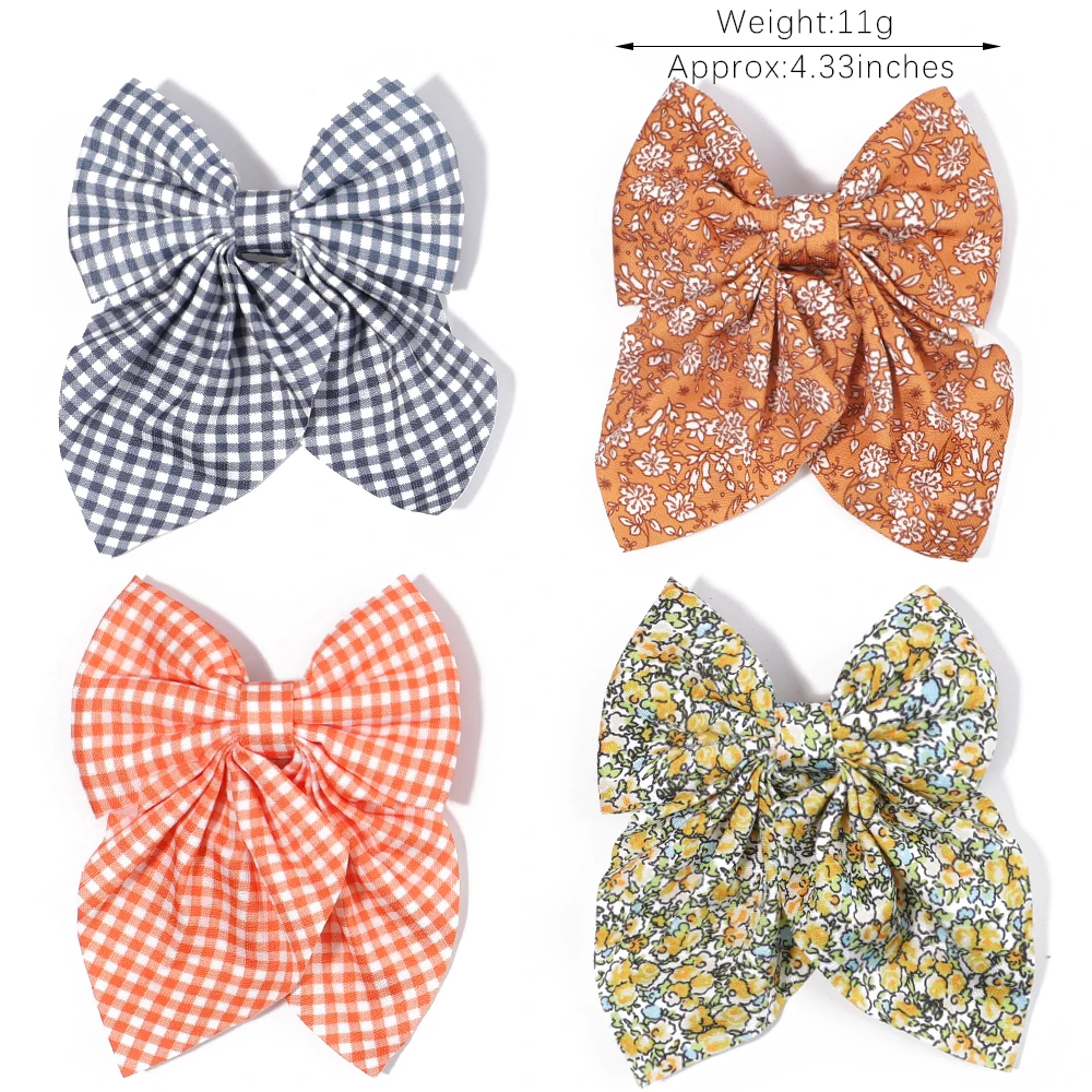 5 Inches Flower Bows Clip Printed Cotton Linen Boutique Women Hairpins Girls Children Plaid Hair Clip Barrettes Hair Accessories