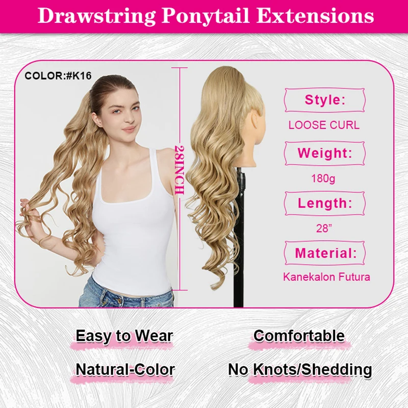 JULIANNA Synthetic Ponytail Extensions Long Loose Curl Drawstring Ponytail for Women clip in hair extensions Black Fake Hair