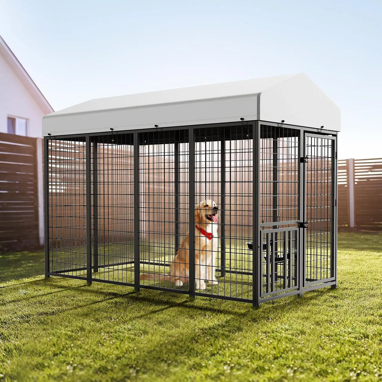 

RLarge Dog Kennel Outdoor Pet Pens Dogs Run Enclosure Animal Hutch Metal Coop Fence with Roof Cover