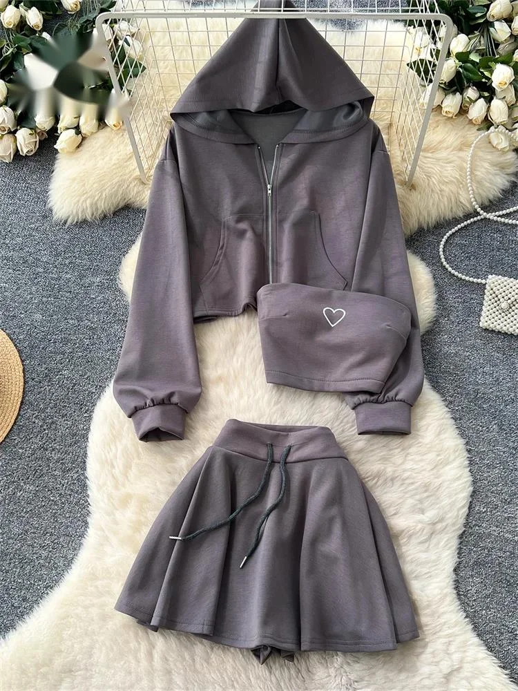 

Autumn Sport Hoodies Three Pieces Sets Women Loose Short Sweatshirt+Sexy Camis+Mini Culottes Embroidery Casual Suits