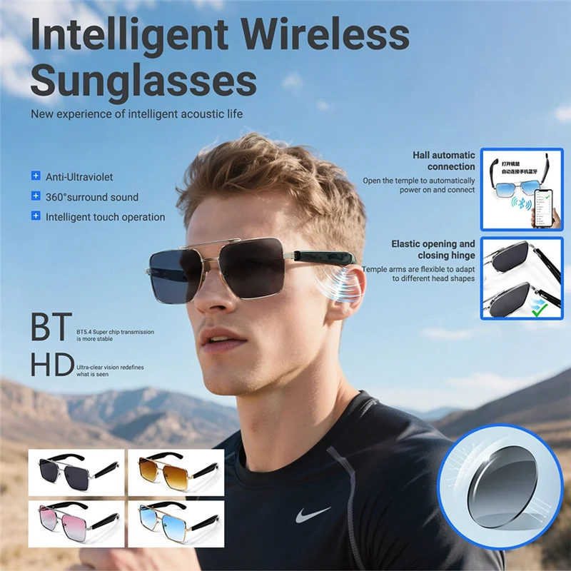 

RTENTE-Smart Sunglasses Glasses Music Glasses Outdoor Sports Waterproof Anti-UV Bluetooth Glasses Call For Men Women