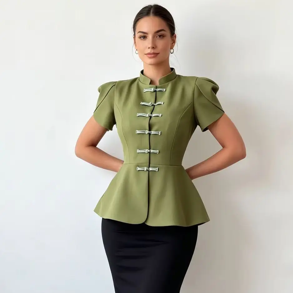 Retro Frog Peplum Blouse with Stand Collar and Puff Sleeves
