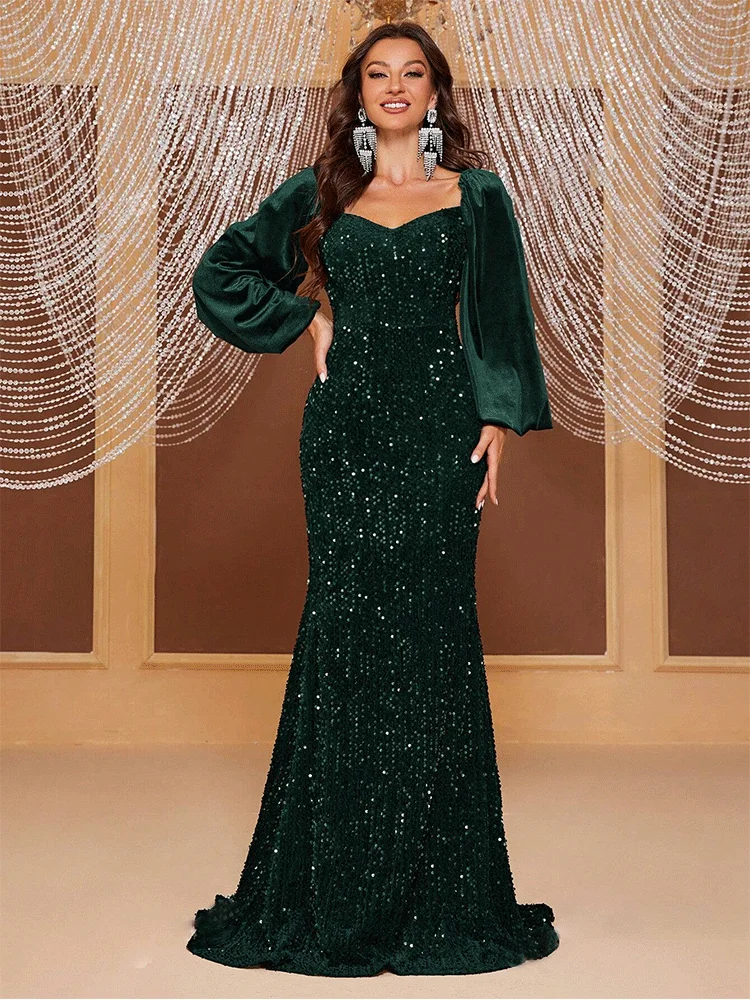 Square Neck Velvet Long Sleeve Shiny Evening Dress Wrap Chest Luxury Banquet Ball Evening Dress