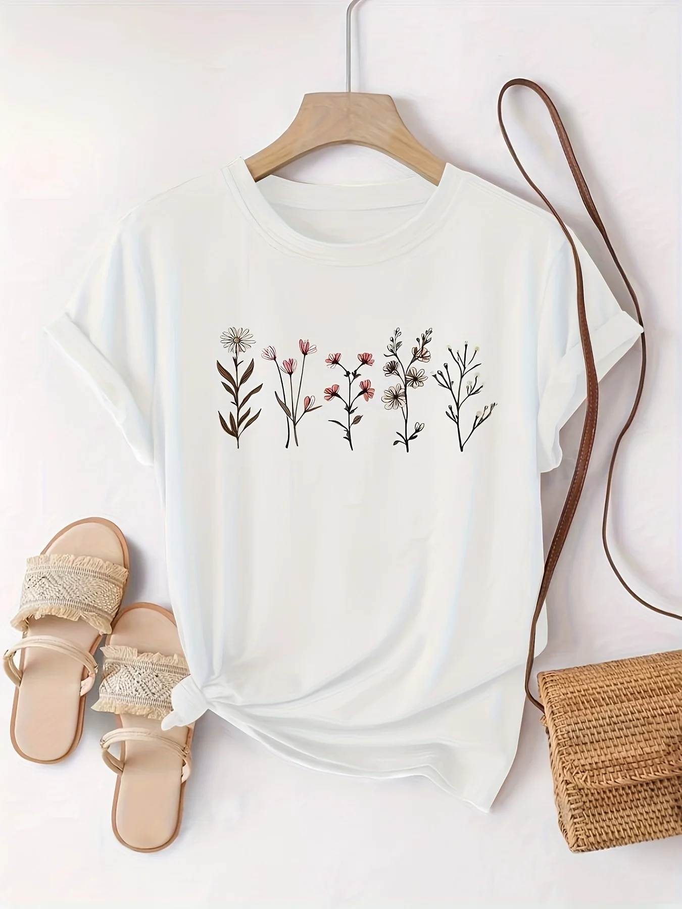 Women'S T-Shirt with a Round Neck Featuring a Print of Five Small Trees a Comfortable Short-Sleeve Casual Top Spring And Summer