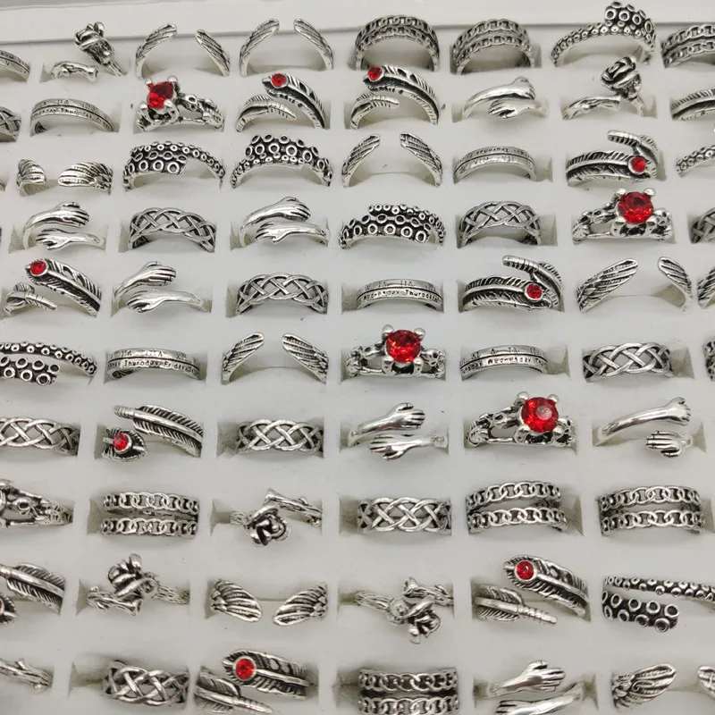 10pcs/Lot Antique Cool New Open Adjust Style Finger Rings For Women Punk Leaf Flower Wings Chain Joint Ring Male Rock Girl Party