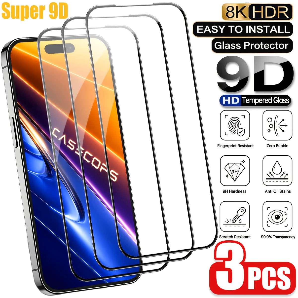 3 Stück 9D Ultra HD Gehärtetes Glas Displayschutzfolie Vollständige Abdeckung für iPhone 11 12 13 14 15 16 17 Pro Pro Max Serie X, Hohe Klarheit, Anti-Fingerabdruck, Kratzfest