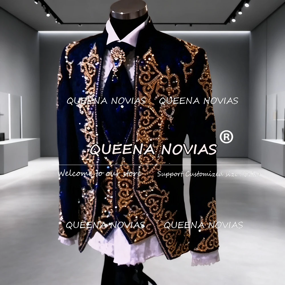 Sparkling Crystals Beaded Suits Men For Wedding 3 Pieces Sets Italian Design Groom Tuxedos Customized Male Fashion Prom Blazers