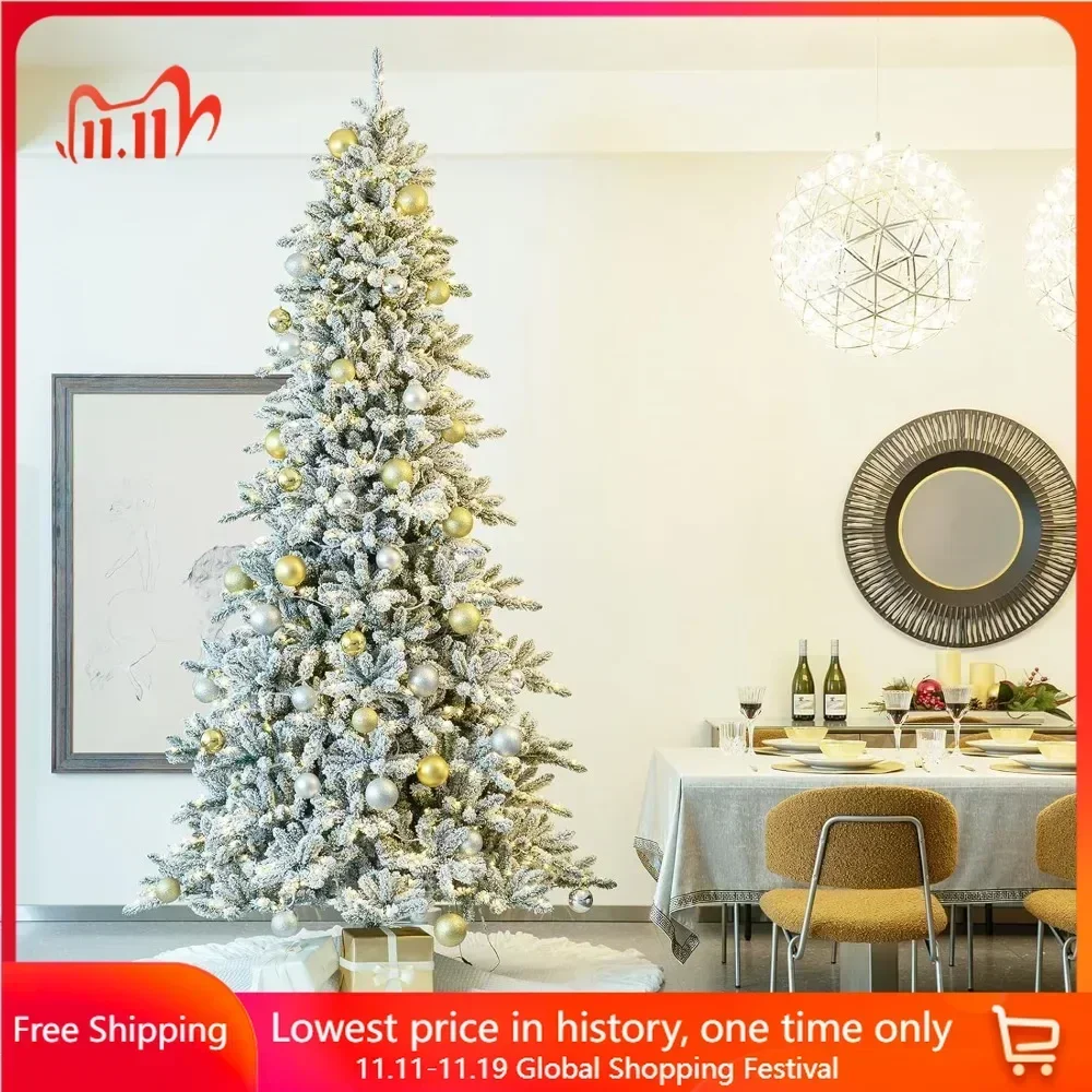 10ft Flocked Fir Christmas Tree,with750 Warm White Lights and Metal Base for Holiday Decoration,Hinged Artificial Christmas Tree