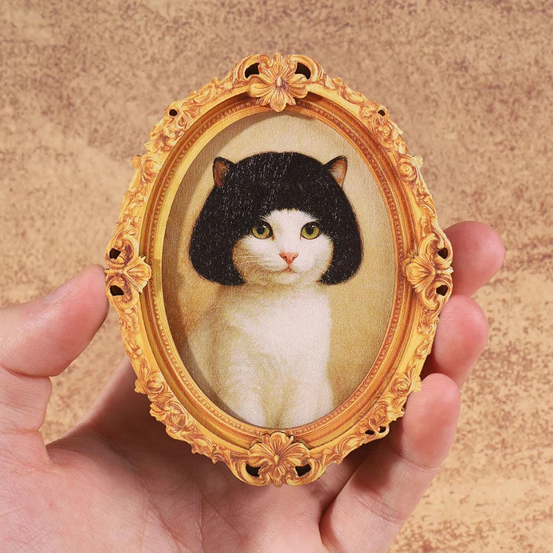 1Pc Mini Oval Retro Wooden Photo Frame Fridge Magnet Funny Cat & Haircut Modern Kitchen Decor Durable Refrigerator Ornament