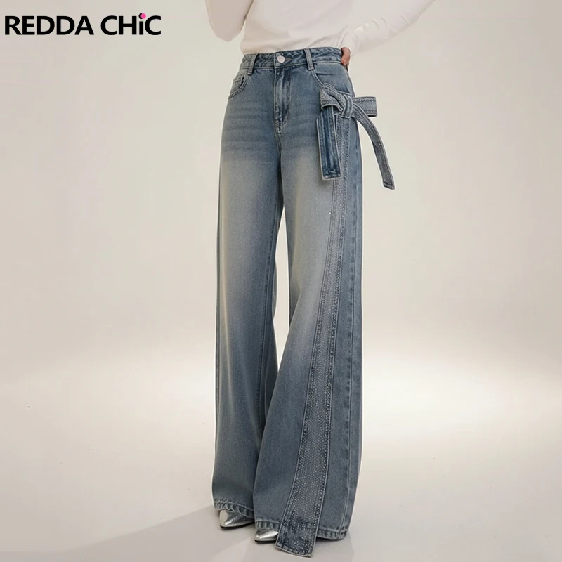 

Джинсы REDDACHiC с блестками и стразами для женщин, винтажные, с эффектом потертости, с бантом, с высокой талией, повседневные, широкие брюки, для вечеринок, в корейском уличном стиле