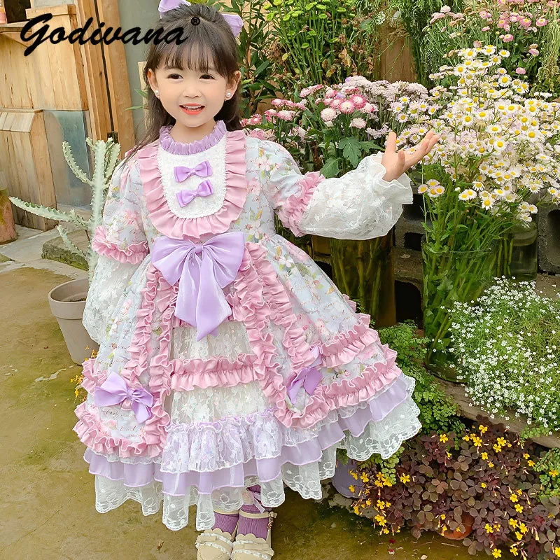 Authentic Sweet Baby Girls 2026 New Spring and Autumn Lolita Princess Dress Kids Floral Long Sleeve Ruffle Birthday Tutu Gown