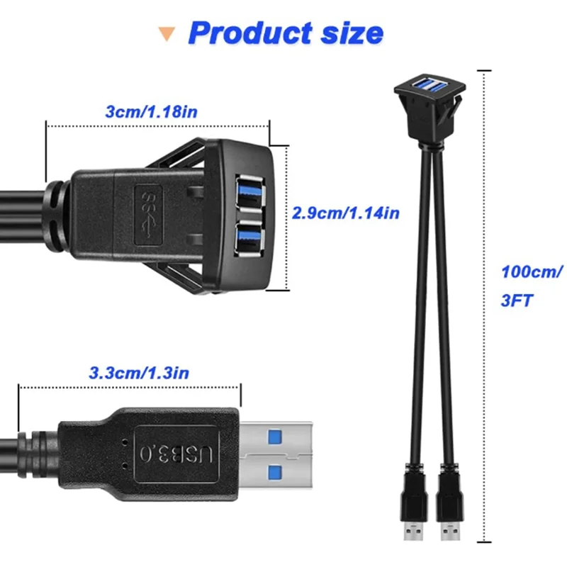 

Кабель для скрытого монтажа с двумя портами USB 3.0, 3,3 фута, 2-портовый удлинительный кабель USB 3.0 для крепления на панели приборной панели для автомобиля, лодки
