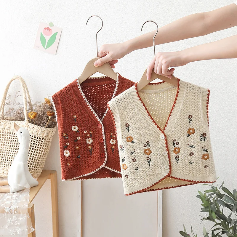 

Beauty Children's Jacquard Vest 2025 Spring Autumn New Korean Style Girls Embroidery Sleeveless Sweater Flowers Cardigan IY06241