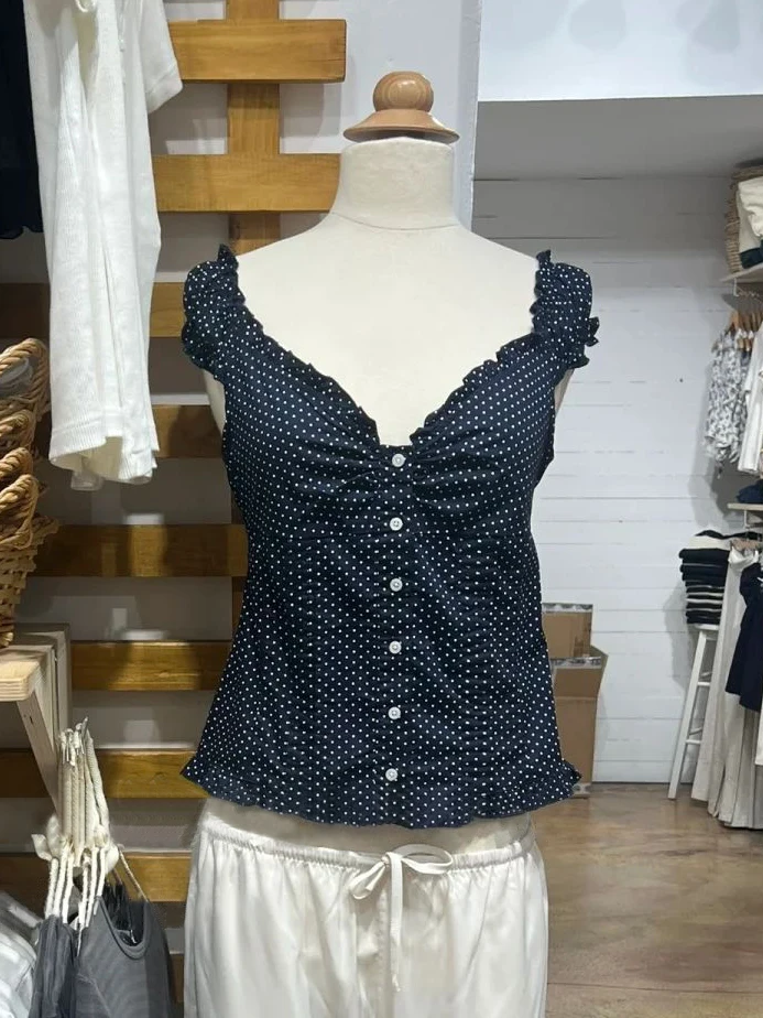 T-shirt blu scuro a pois camicetta da donna con volant scollo a V pieghe monopetto magliette estate dolce vintage manica a sbuffo camicia sottile
