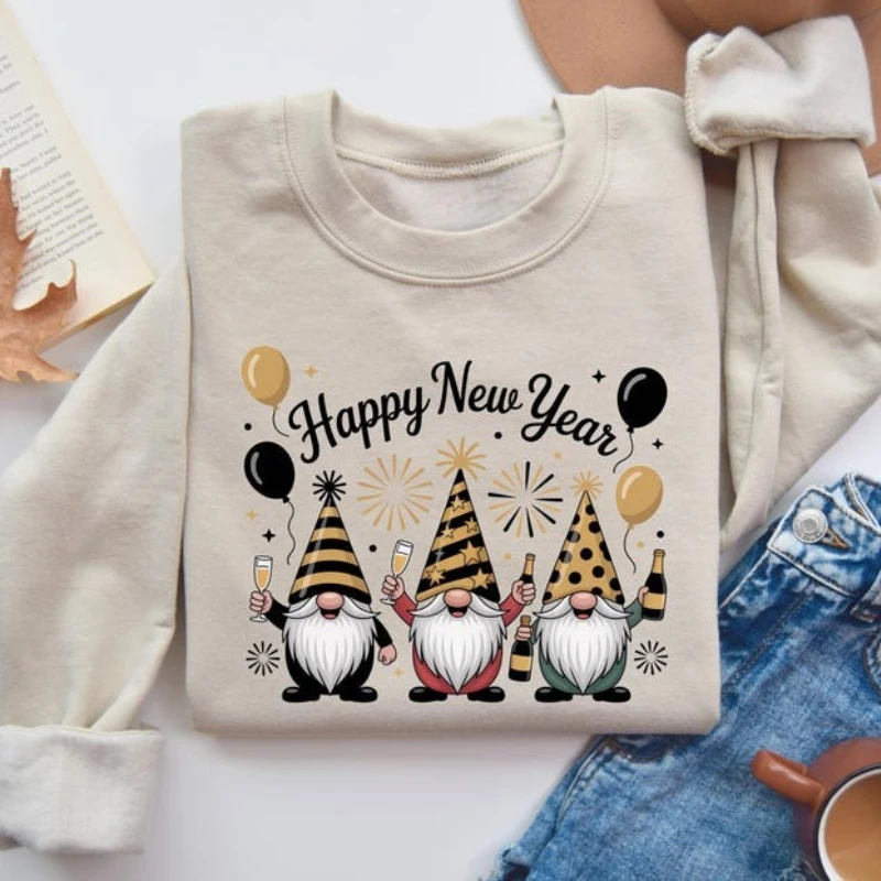 เสื้อสเวตเชิ้ตปีใหม่ลายโนมส์ งานปาร์ตี้ ฉลองวันหยุด เสื้อพูลโอเวอร์ลายโนมส์ตลก แชมเปญ แฟชั่นสตรีทแวร์ เสื้อสเวตเชิ้ตผู้หญิง
