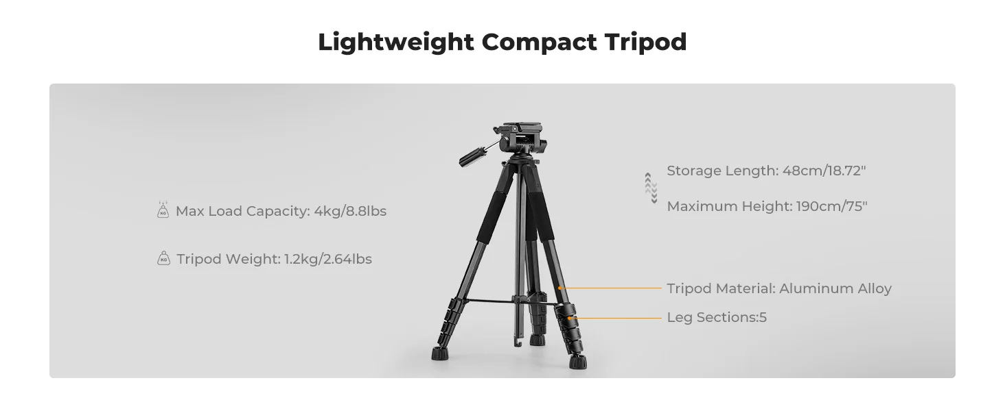 K&F CONCEPT Kamera-Stativ 190cm, Leichtes Tragbares Reise-Outdoor-DSLR-Stativständer für Kamera- und Handy-Videoaufnahmen – Detail 5