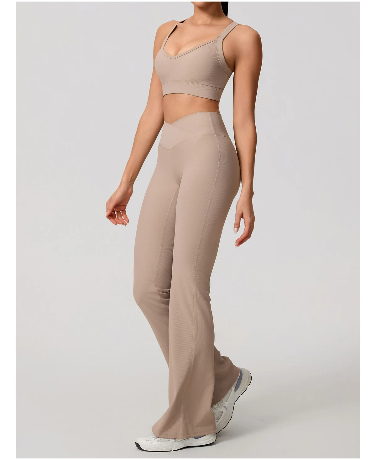 Sommer Damen Geripptes Gym Schnelltrocknendes Zweiteiler-Set Nahtloses Sport-Yoga-Set für Frauen Outdoor 2-teiliges Po-Lifting Sportoutfit – Detail 21