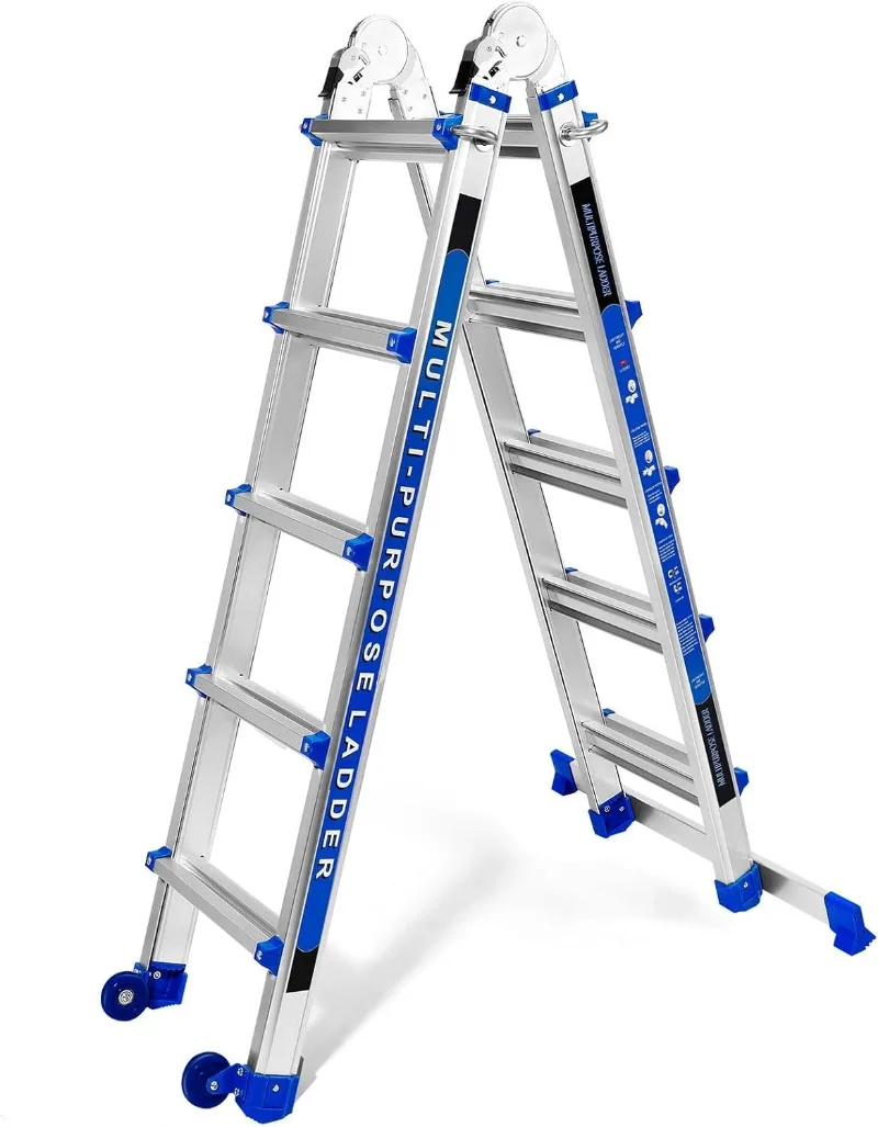 Ladder 17FT, A-frame 5-staps telescopische ladder met stabilisatorstang en wielen, robuust 330 lbs maximale capaciteit, opvouwbare multipo