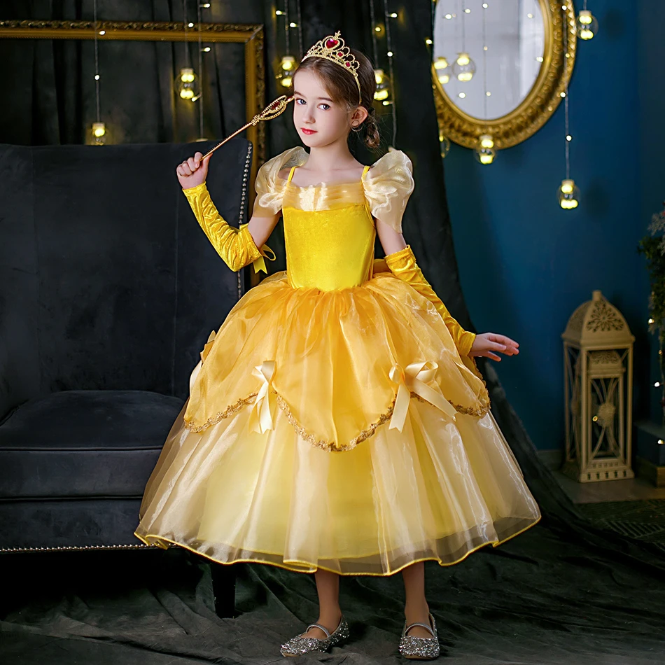 Vestido de princesa bella para niñas, disfraz de La Bella y La Bestia, ropa de fiesta para niños, corona de palo mágico, cumpleaños para niños