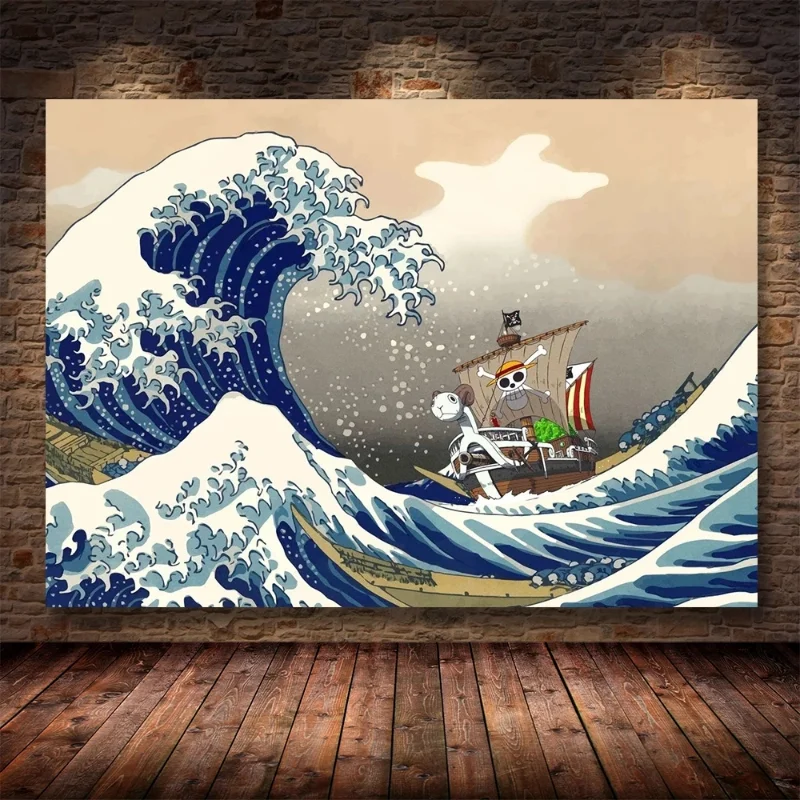 Anime One Piece Wall Art Home Decor Picture Pirate Ship Poster Kanagawa Ukiyo-e Canvas Bandai Prints Nursery Painting No Frame