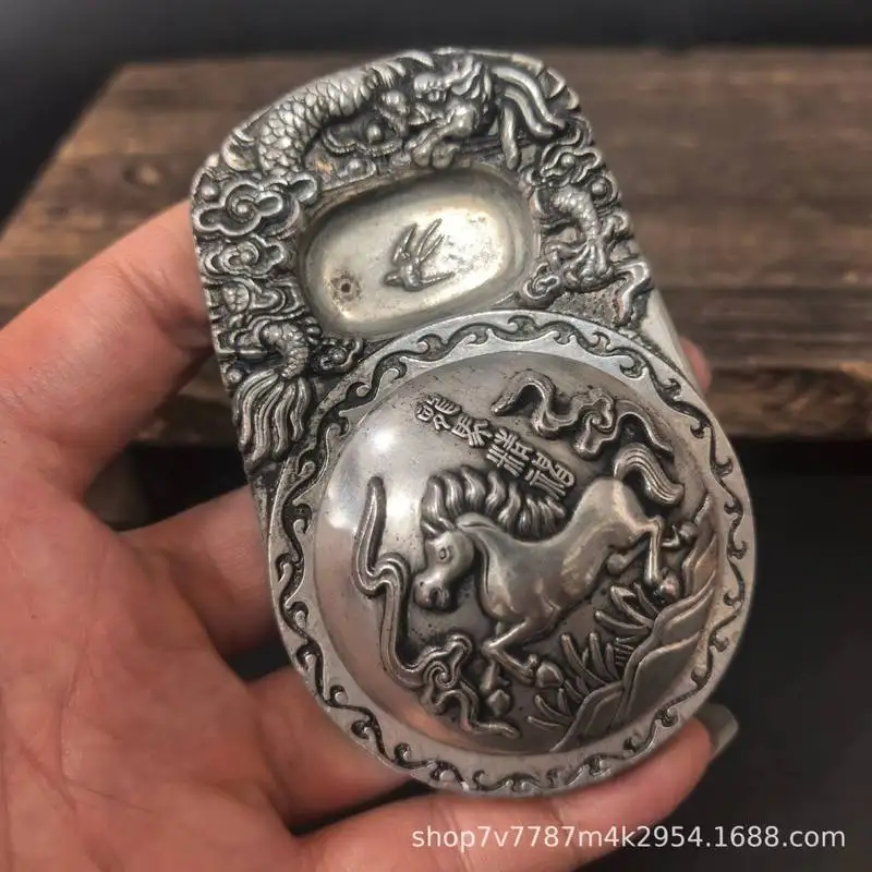 Antique Brass Craftwork Silver-Plated Horse Inkstone Home Living Room Decorative Ornament