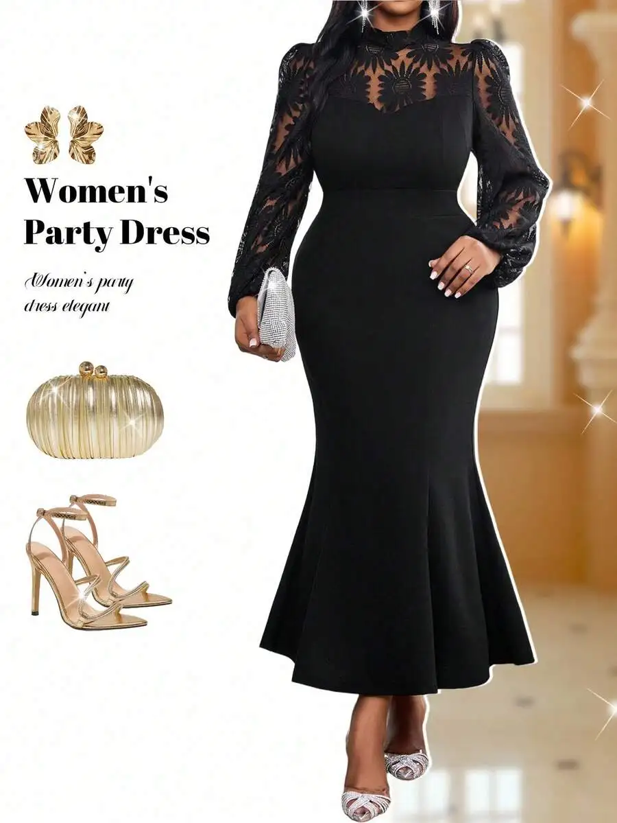 

Черное элегантное платье-русалка с кружевными рукавами-фонариками для вечерних мероприятий