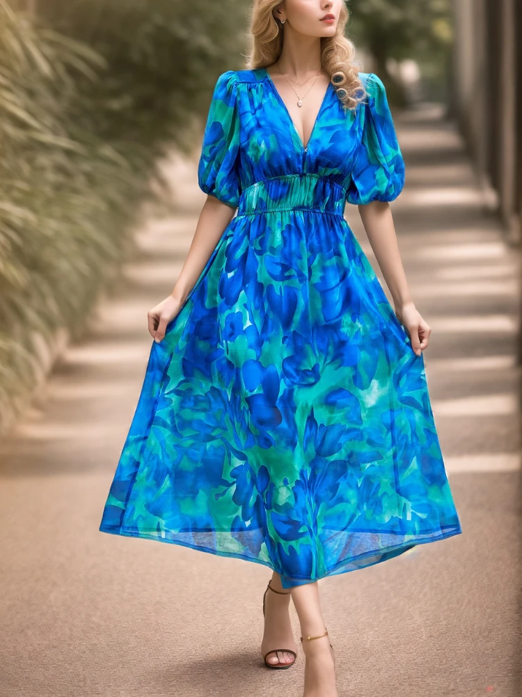 New Boho Floral Print Midi Dress Women Fashion V-Neck Short Sleeve Dresses For Women 2025 Summer Casual Holiday Long Dress