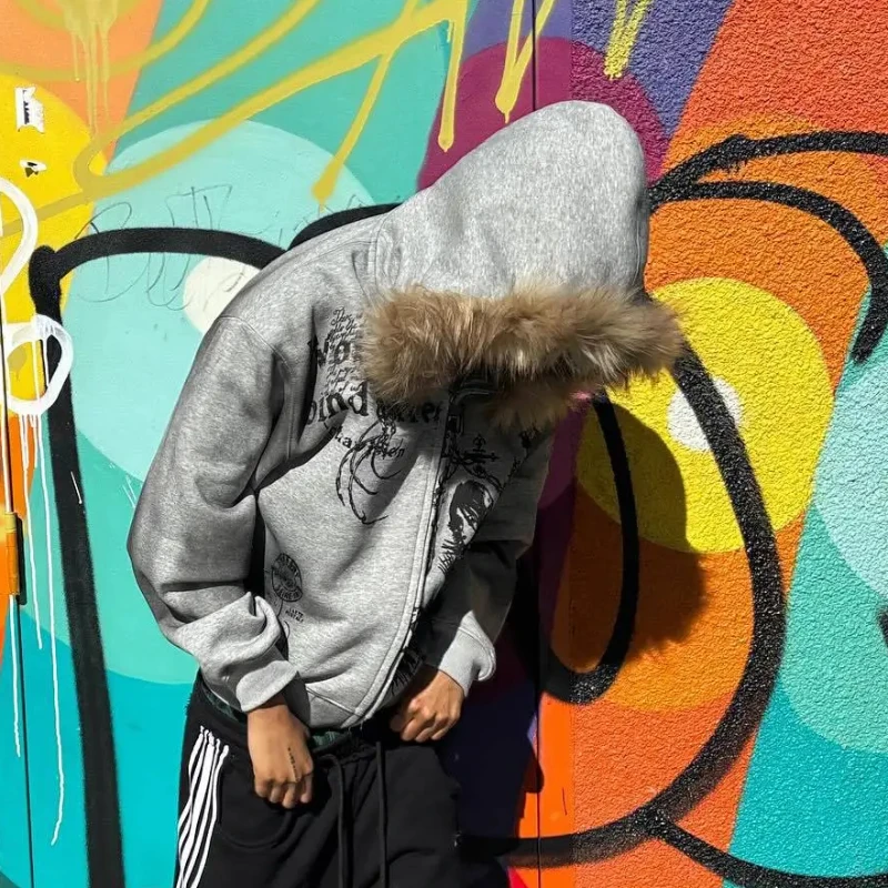 خمر الهيب هوب صورة نمط رسالة الصوف الاصطناعي هوديي العصرية الشارع عارضة زوجين سستة البلوز فضفاضة سترة بسيطة