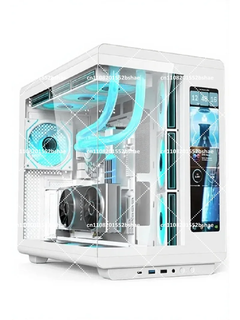 Tempered Glass ATX PC Case with Digital Display, 360 View Water Cooling Support High Airflow Computer Tower