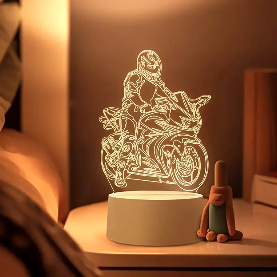 3Dライディングバイクナイトライト、部屋やリビングルームのテーブル装飾ライト、ホリデーギフト、色調整可能。