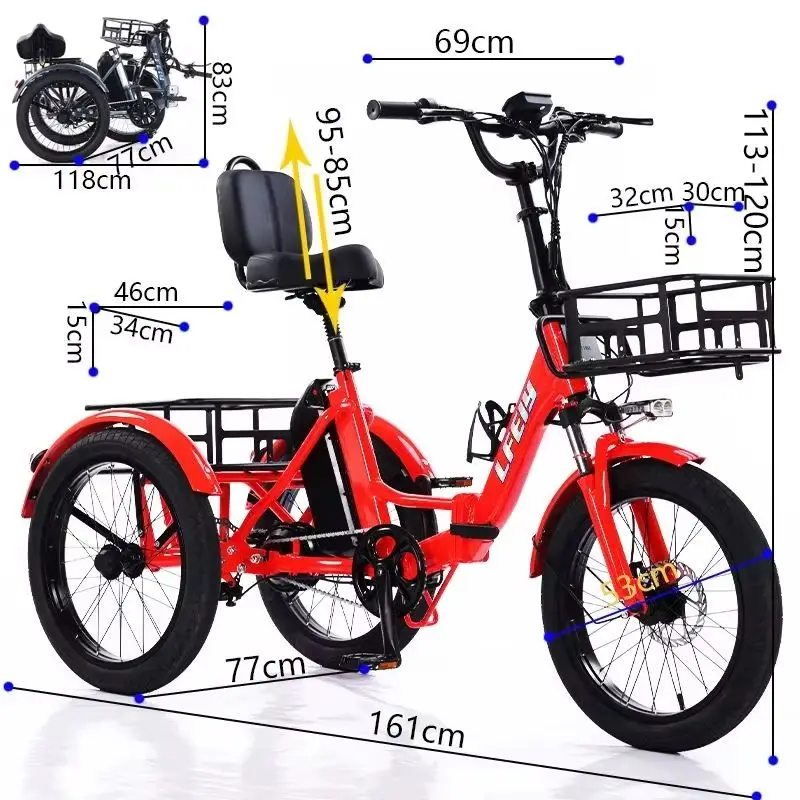 Foldable Electric Tricycle Cargo Adult Senior For Lithium Battery Removable Waterproof Anti-Theft 48V 3 Wheel Electric Bicycle