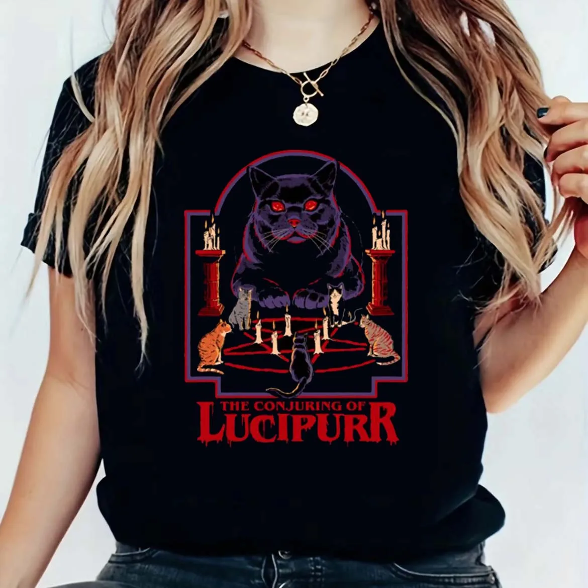 The Conjuring of Lucipurr  Print Vintage 90s T-shirt Women Grim Supernatural Graphic Tee Popular Halloween Tee Tops for Women