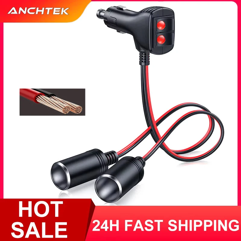 

Anchtek 16AWG 1 to 2 Car Cigarette Lighter Splitter Adapter Power Charger Port 12/24V Plug Socket 2-Way Splitter with 10A Fuse