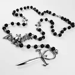 1pcs Vintage Necklace For Men And Women Vampire Beads Handmade Bent Pin Bat Rosary Cross Pendant