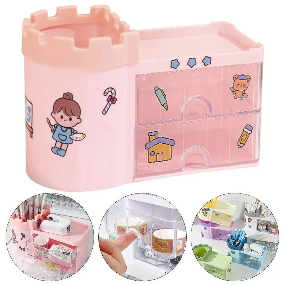 

Cartoon Plastic Pen Holder Drawer Style Castle Shape Storage Box Dustproof Large Capacity Pen Container School Office