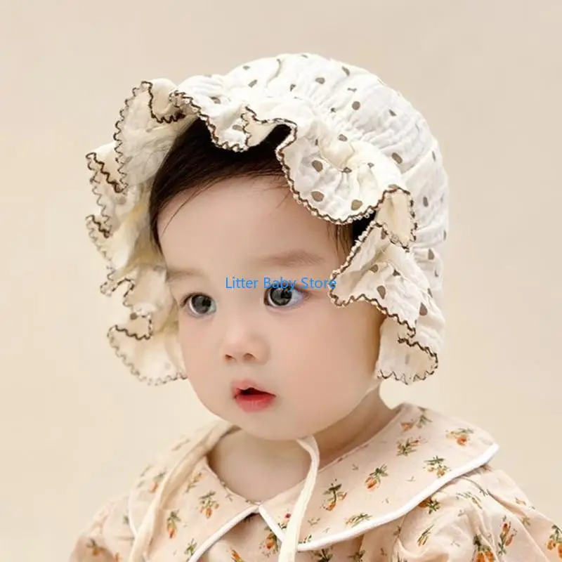 N80C Infant Sun Hats Newborn Photography Prop Earflap Hat Lace Hat Princess Bonnet Cap Little Girl Cotton Sun Protections Hat