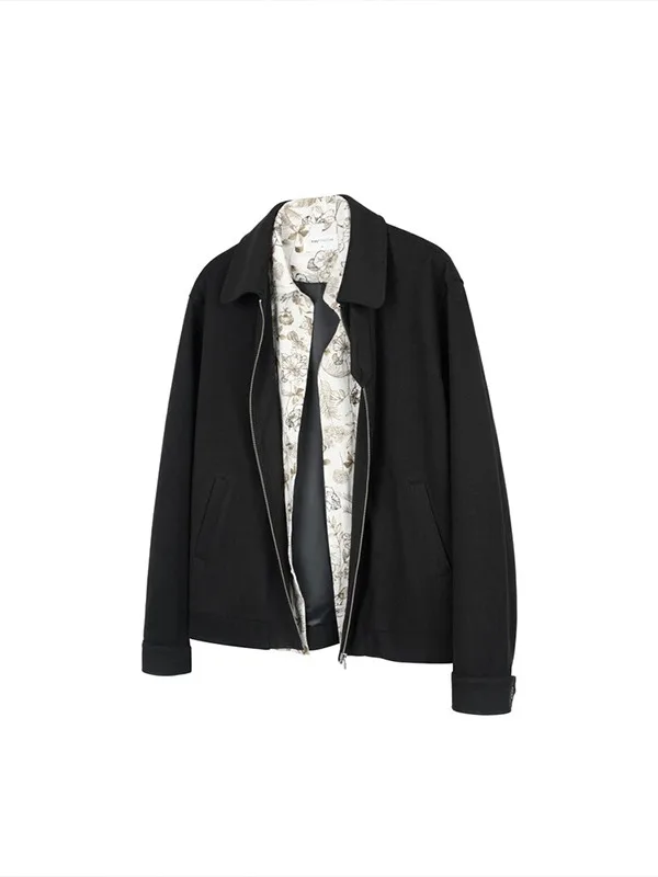 

Ele Floral Patchwork Men's Jaet Cleanfit Trendy Spring Autumn Woolen Coat Flip Collar Casual Outerwear Polyester Fiber