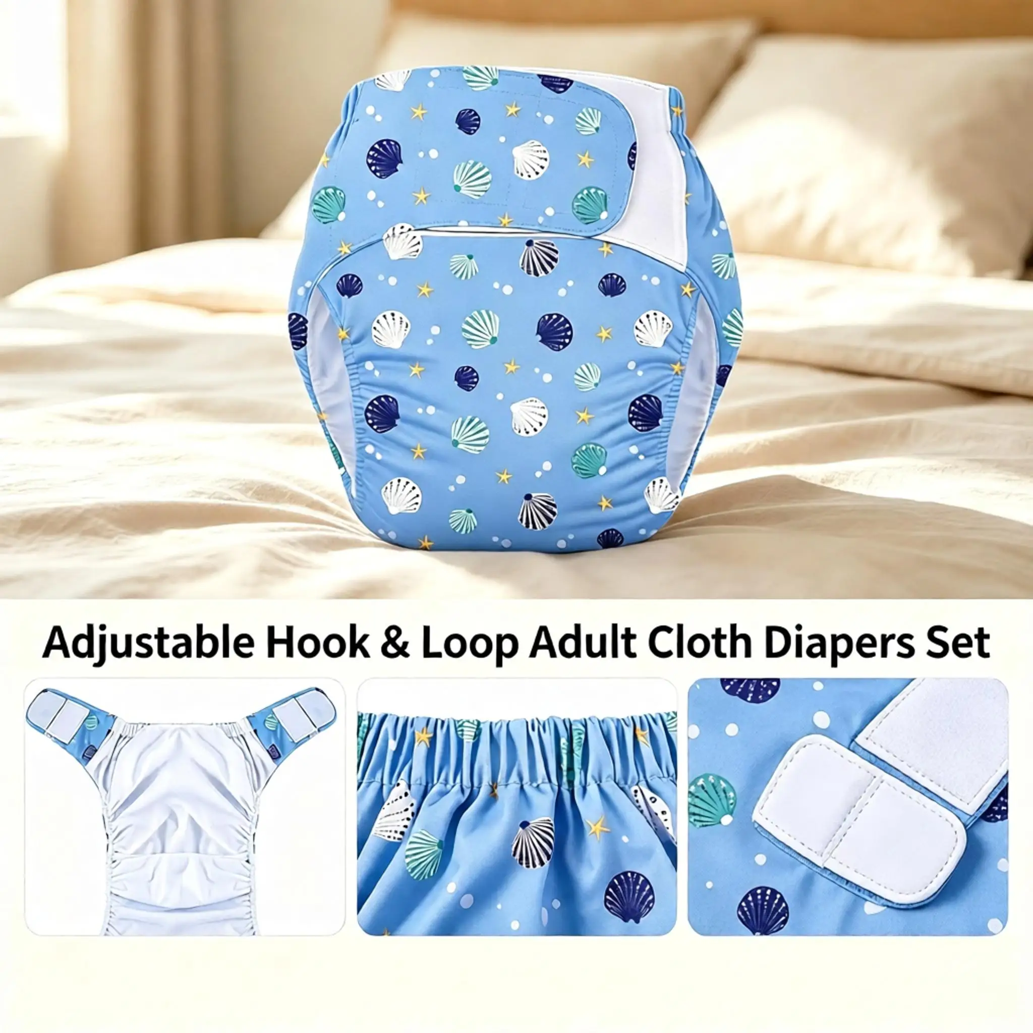 Adjustable Hook & Loop Adult Cloth Diapers Set Washable Reusable Leakproof Printed Incontinence Nappies for Bedridden Elderly