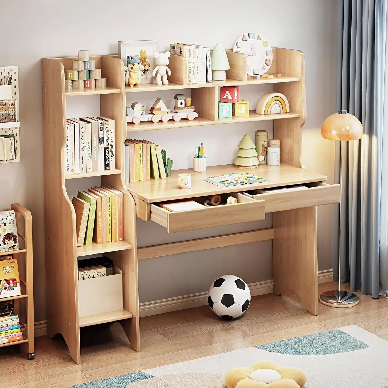 

Kids Desk Kids Table with Drawers and Bookshelf Rubber Wood Kids Media Desk Student Learning Computer Workstation and, Custom