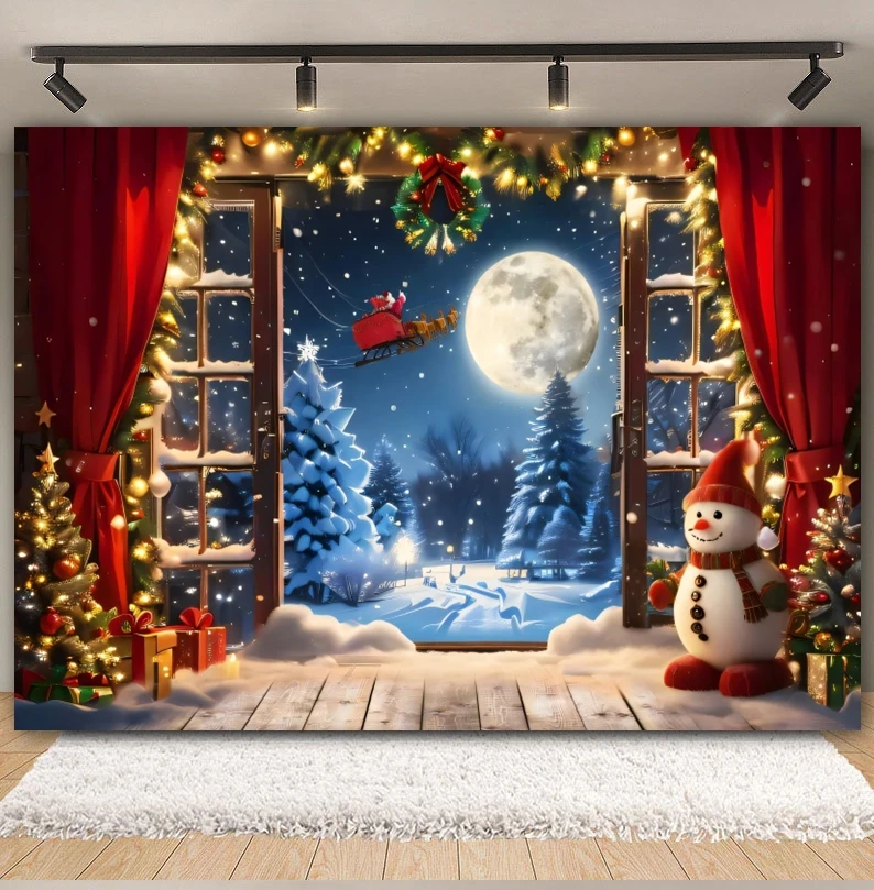 Christmas Window Santa Claus Backdrops Winter Christmas Tree Curtains Moon Night Lights Xmas Eve New Year Photography Background