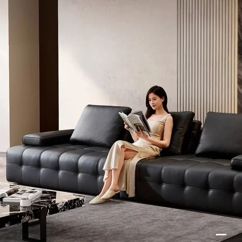Modern Luxury 3seats Italian Minimalist Living Room Furniture Retro Lawrence Big Black Cow Leather Sofa L Shaped Lazy Minimalist image 3