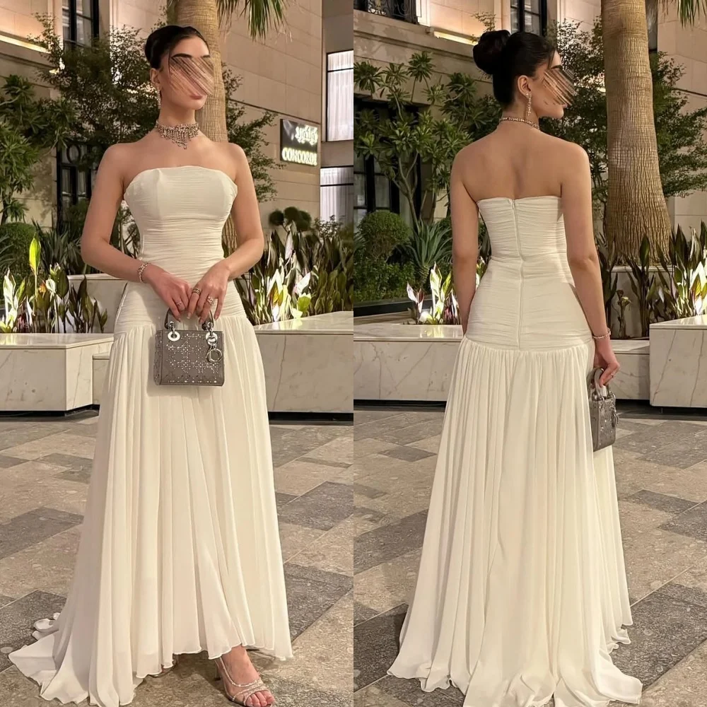 

Customized Matching Classic Chiffon Pleat Beading Rhinestone A-line Strapless Long Dresses Bespoke Occasion Dresses High Quality
